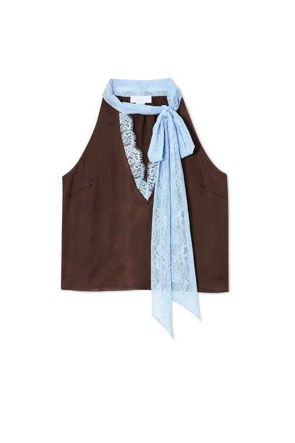 Sunday Social Contrast Color Satin Lace Trim Neck Strap Loose Tank-consonak