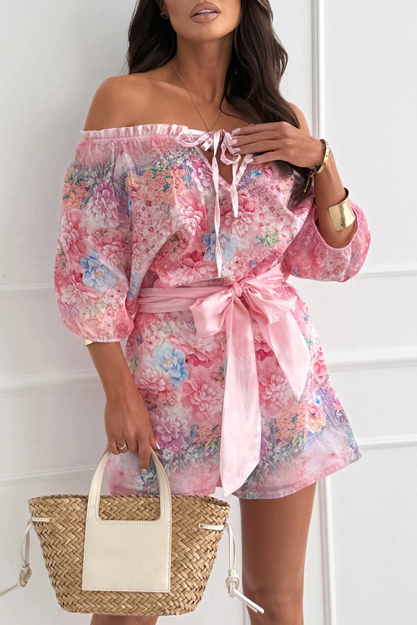 Fiorito Chiffon Floral Print Off Shoulder Top and Elastic Waist Tie-up Loose Shorts Set-consonak