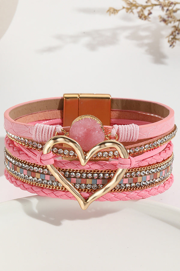 Bohemian Leather Cord Multi-layered Raw Stone Heart Bracelet | Consonak