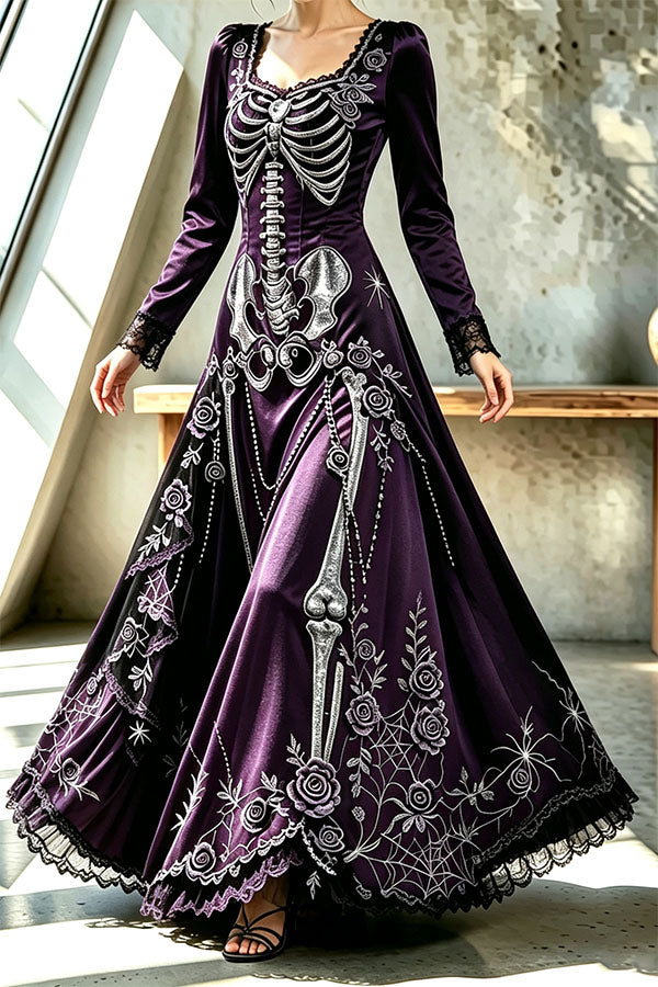 Royal-style Halloween Skull Print Square Neck Long Sleeve Flare Maxi Dress-Consonak