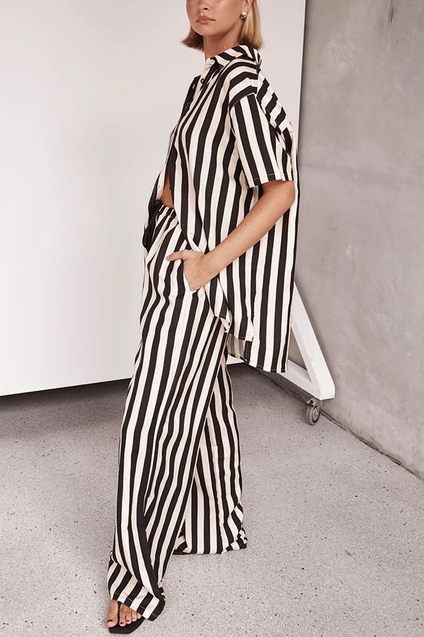 Erika Striped Casual Shirt and Elastic Waist Pocket Wide Leg Pants Set-consonak