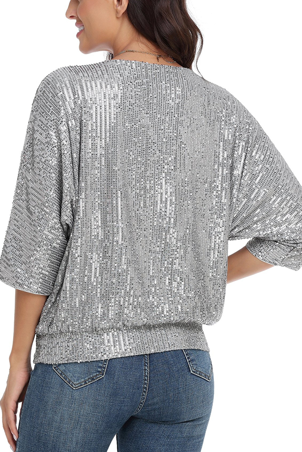 Solid Color Sequined Loose Round Neck Casual Top-consonak