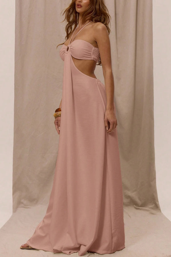 Solid Color Halter Neck Cutout Casual Loose Wide-leg Jumpsuit-consonak