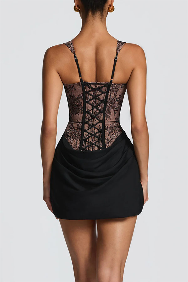 Cornelia Floral Lace Contrast Structural Detail Back Lace-up Satin Hem Mini Dress | Consonak