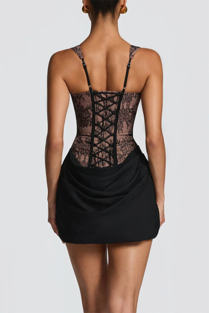 Cornelia Floral Lace Contrast Structural Detail Back Lace-up Satin Hem Mini Dress-consonak