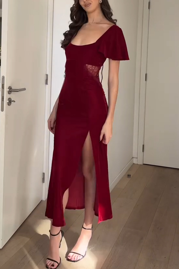 Yumi Velvet Lace Patchwork Bell Sleeve Back Lace-up Slit Midi Dress-consonak