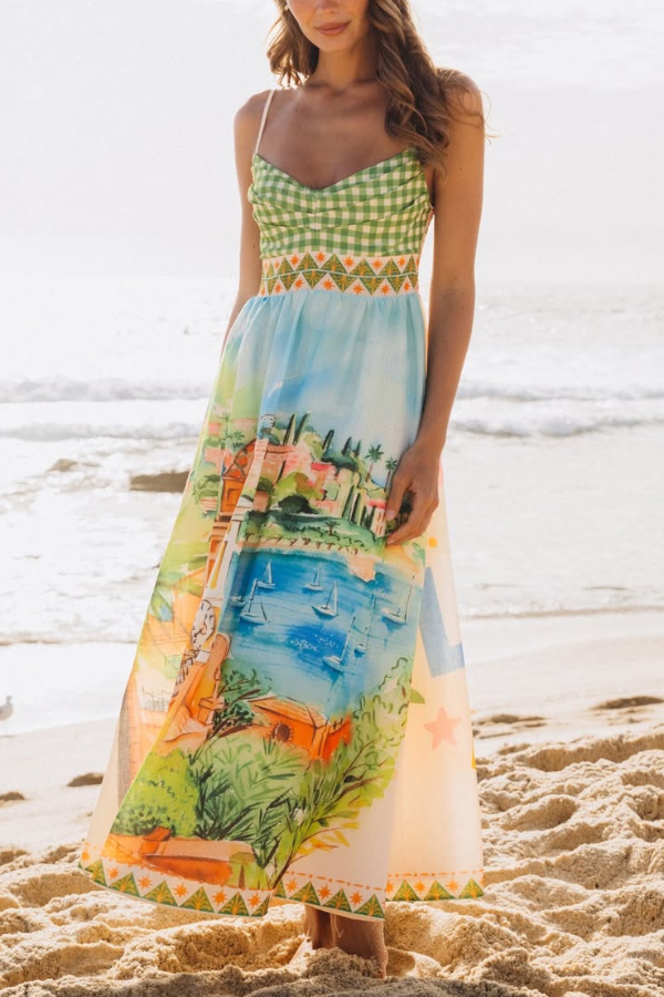 Unique Printed Spaghetti Strap Pleated Casual Maxi Dress-consonak