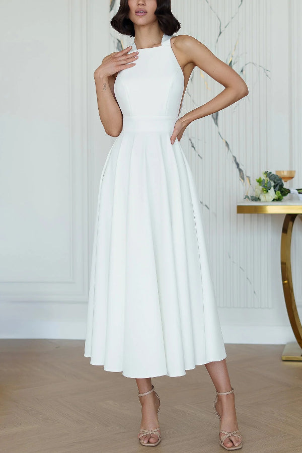 Solid Color Halter Neck Bow Tie Elegant Waist-cinching Midi Dress-consonak