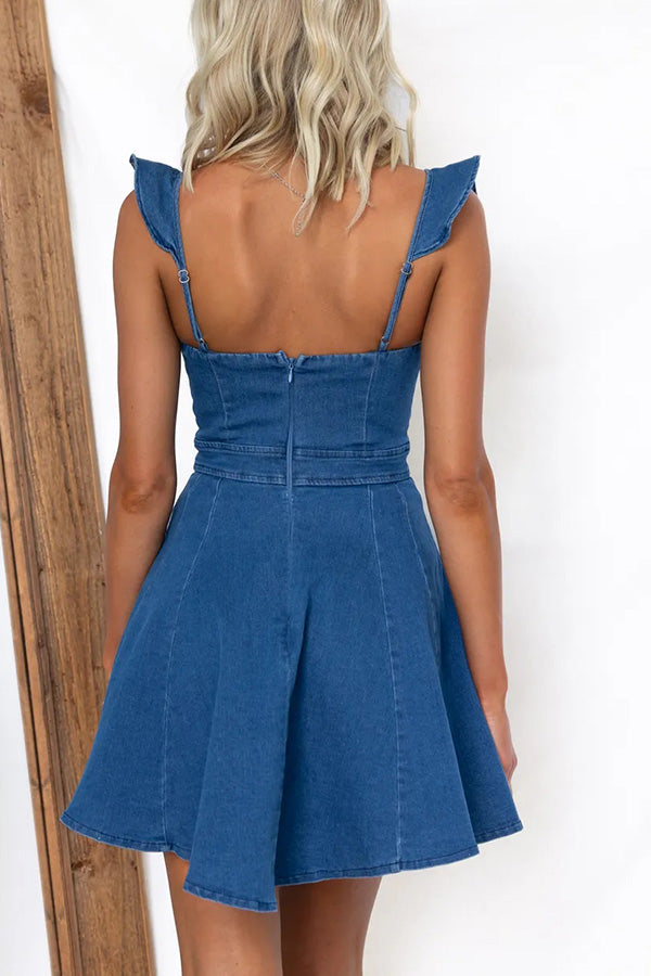 Sweet Secret Denim Square Neck Ruffle Sleeve Stretch Mini Dress-consonak