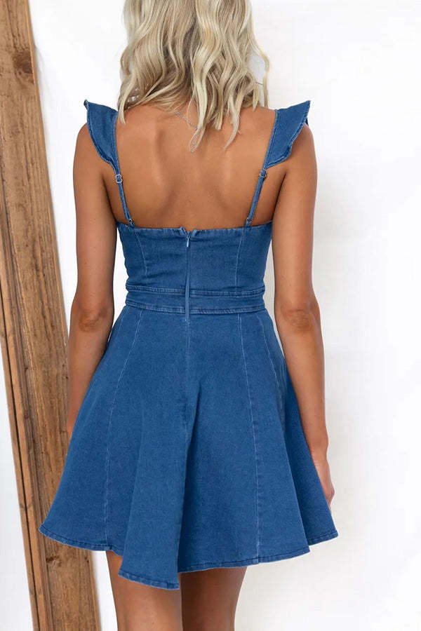 Sweet Secret Denim Square Neck Ruffle Sleeve Stretch Mini Dress-consonak