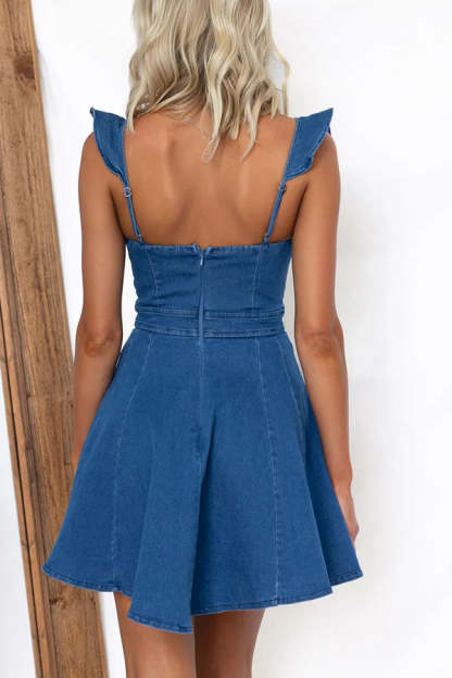 Sweet Secret Denim Square Neck Ruffle Sleeve Stretch Mini Dress-consonak