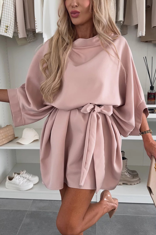 Solid Color Loose Round Neck Belted Mini Dress | Consonak