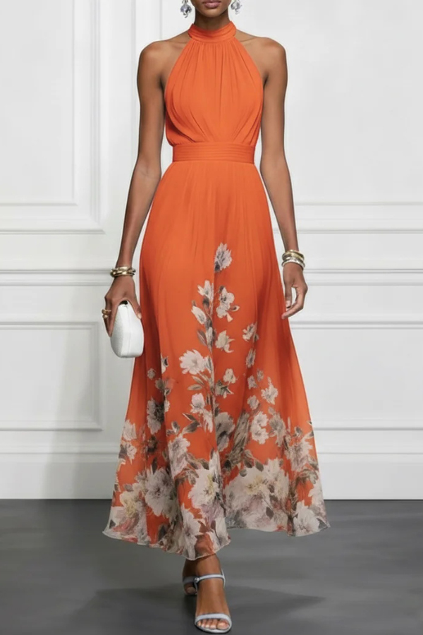 Floral Print Halter Neck Sleeveless Elegant Waist-cinching Maxi Dress | Consonak