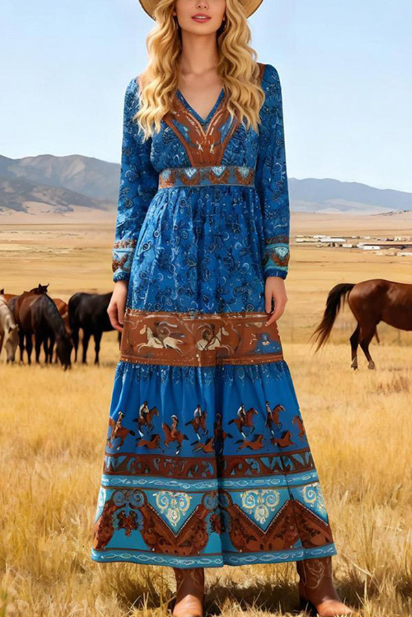 Bohemian Style V-neck Long-sleeved Casual High-waisted Maxi Dress-consonak