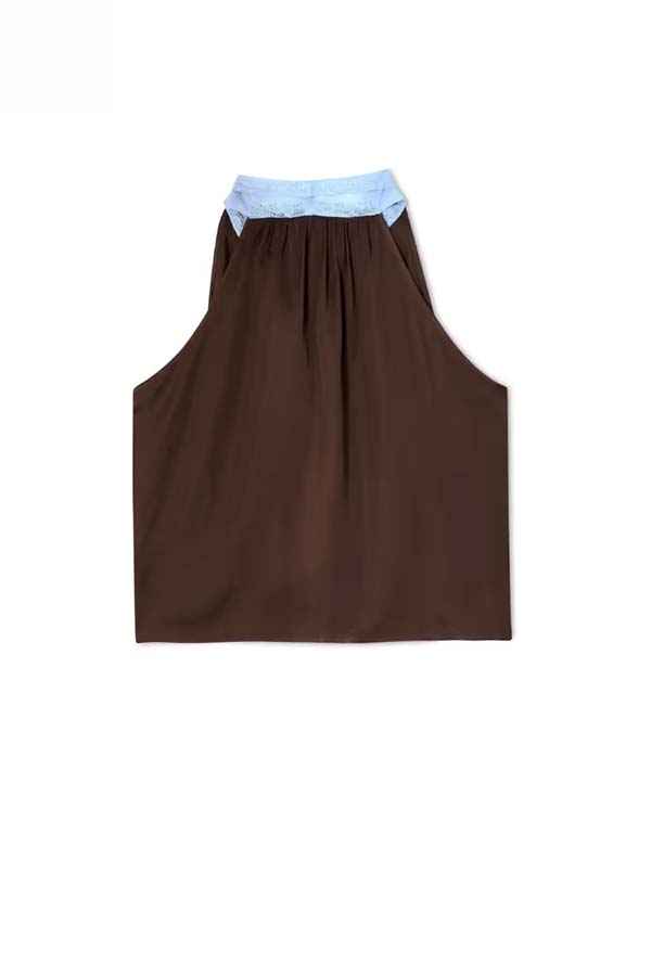 Sunday Social Contrast Color Satin Lace Trim Neck Strap Loose Tank-consonak