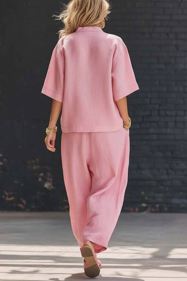 Linen Blend Solid Color V-neck Short-sleeved Loose Top and Elastic Waist Pocket Casual Pants Set