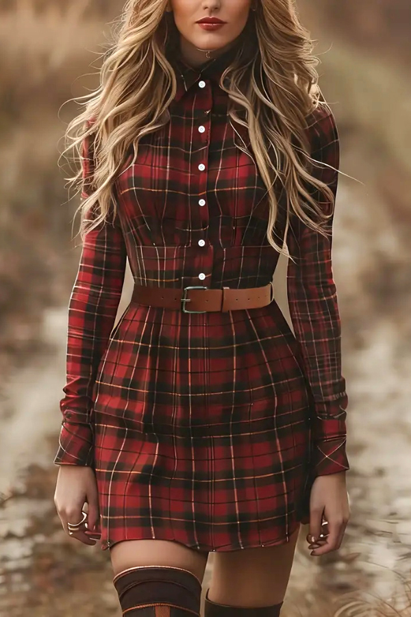 Plaid Print Lapel Long Sleeve Button-down Belt Mini Dress