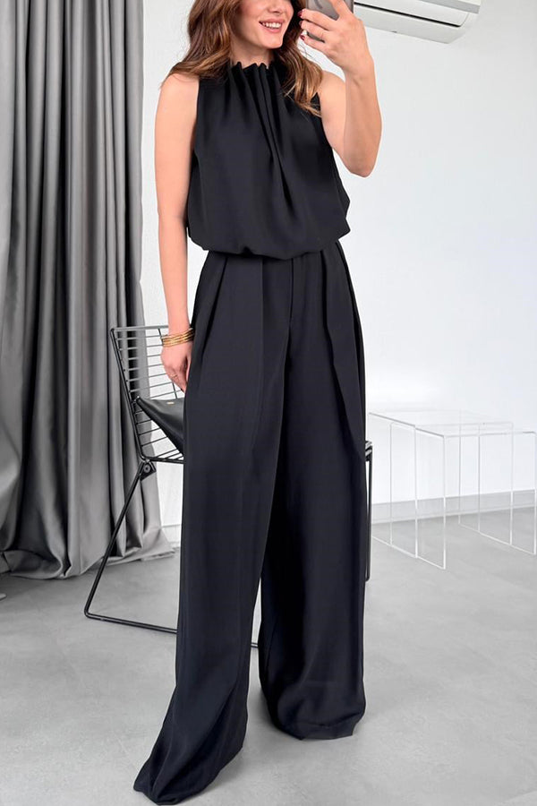 Macie Pleated High Neck Sleeveless Top and High Rise Pocket Wide Leg Pants Set