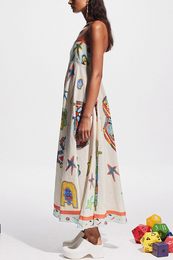 Miami Happy Hour Linen Blend Unique Print Smocked Back Pocketed Midi Dress-consonak