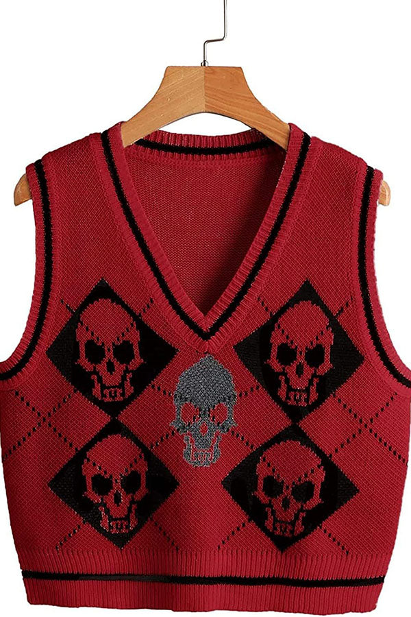 Halloween Skull Argyle Knit Sweater Vest-Consonak