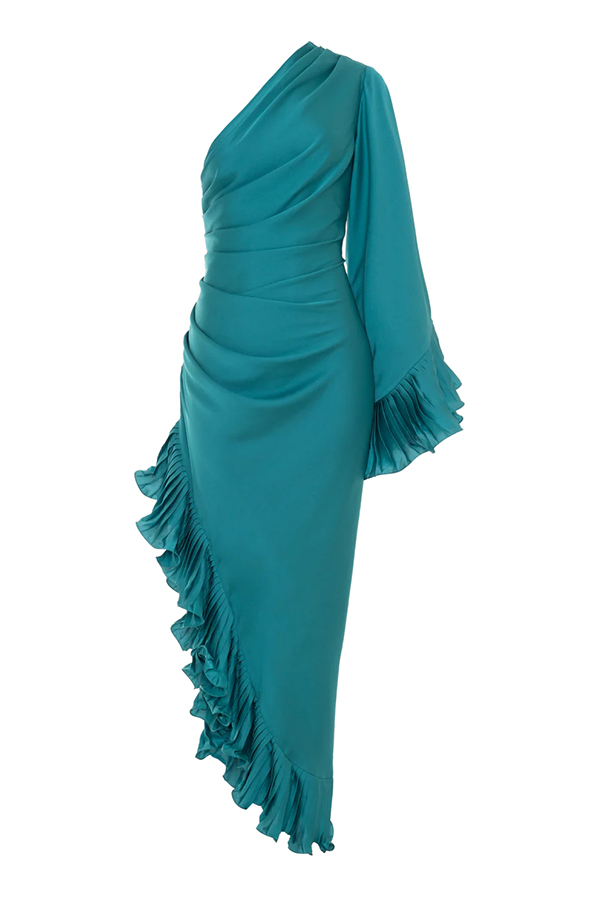 Elegant Satin One Shoulder Sleeve Pleated Ruffles Trim Ruched Asymmetrical Maxi Dress-consonak