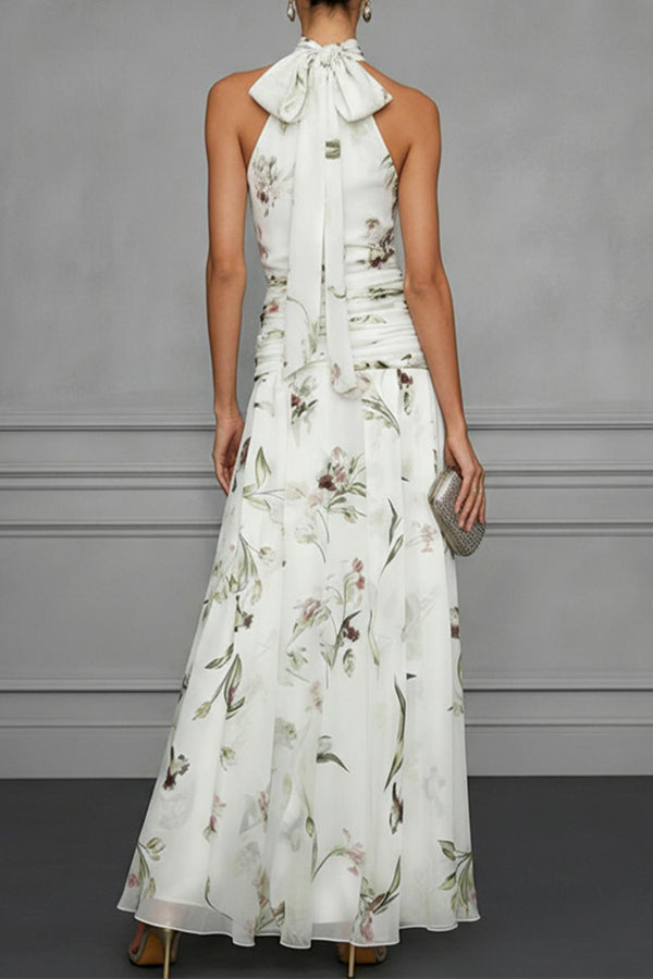 Aria Ruched Halter Floral Dress-Consonak