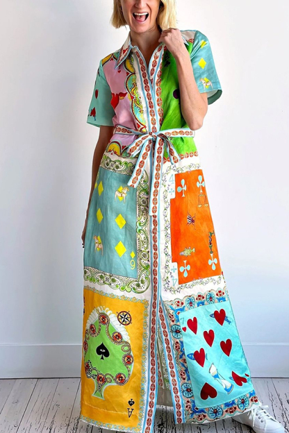 Kiana Linen Blend Unique Print Short Sleeved Tie Waist Shirt Maxi Dress-consonak