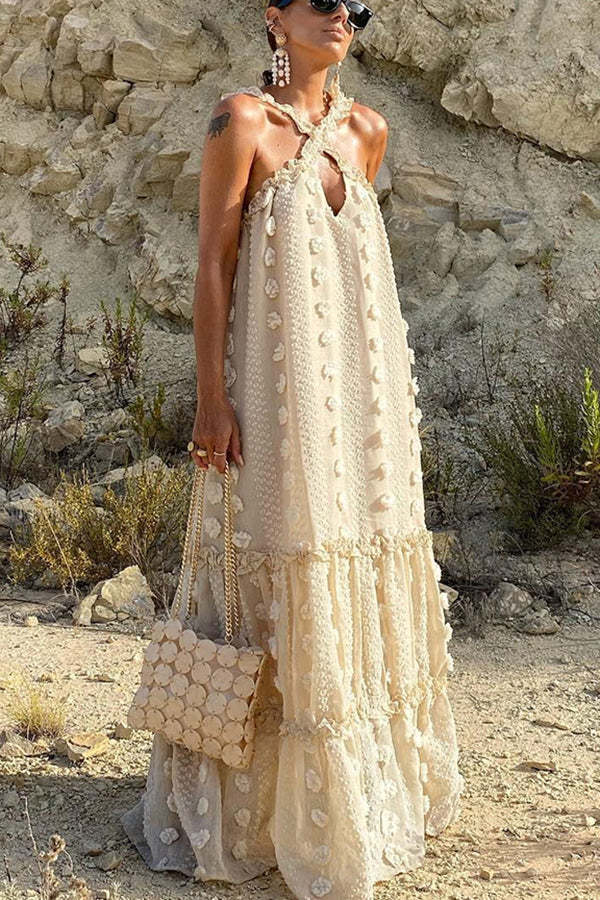 Sweet By The Sea Flower Decor Halter Party Maxi Dress-consonak