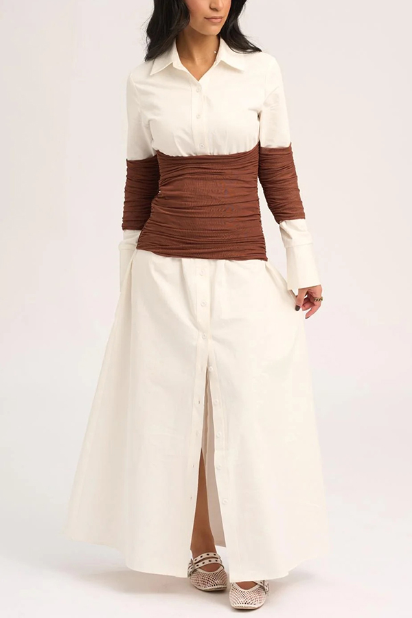 Fashionable Pleated Contrast Patchwork Waist Long Sleeve Button Shirt Maxi Dress-consonak