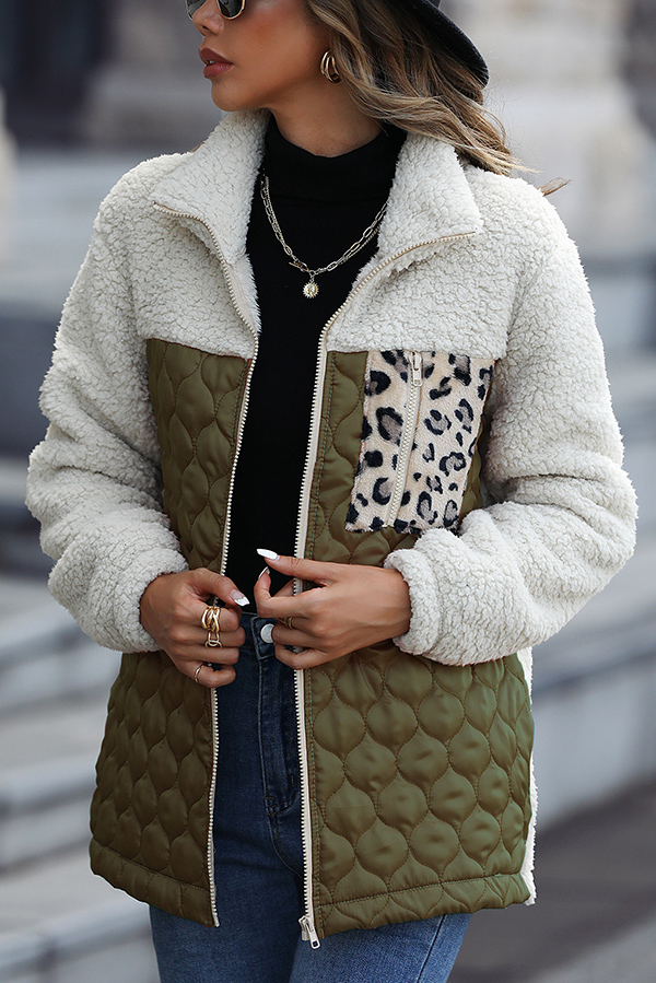 Casual Patchwork Plush Long Sleeve Leopard Print Pocket Loose Zipper Jacket-consonak