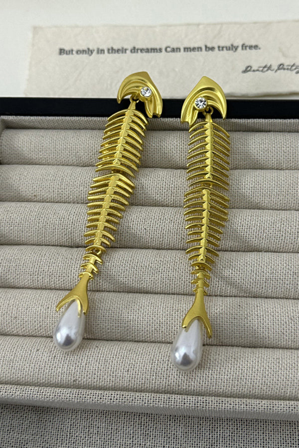 Personalized Fishbone Diamond Pearl Pendant Earrings-consonak