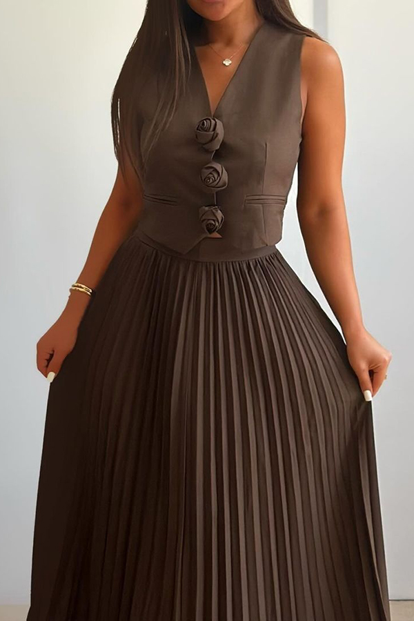 Stylish Rosette Sleeveless Tank Top and Pleated Maxi Skirt Set-consonak