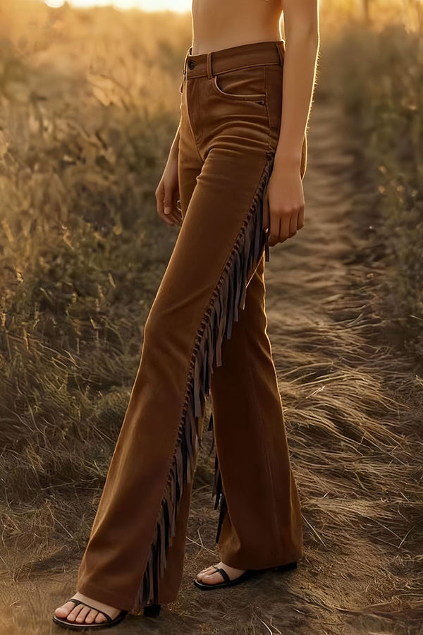 Stylish Suede High-waisted Fringed Casual Flared Pants-consonak