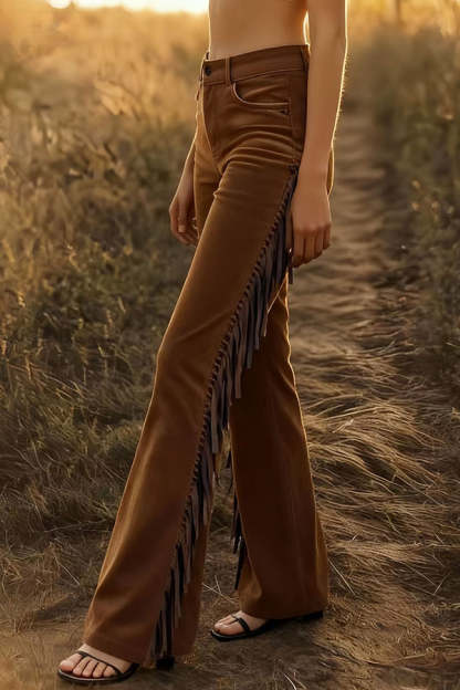 Stylish Suede High-waisted Fringed Casual Flared Pants-consonak