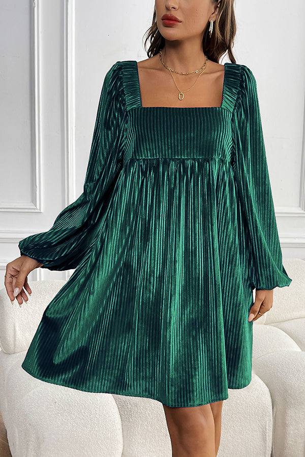 Solid Color Velvet Square Neck Long Sleeve Pocket Casual Mini Dress-consonak