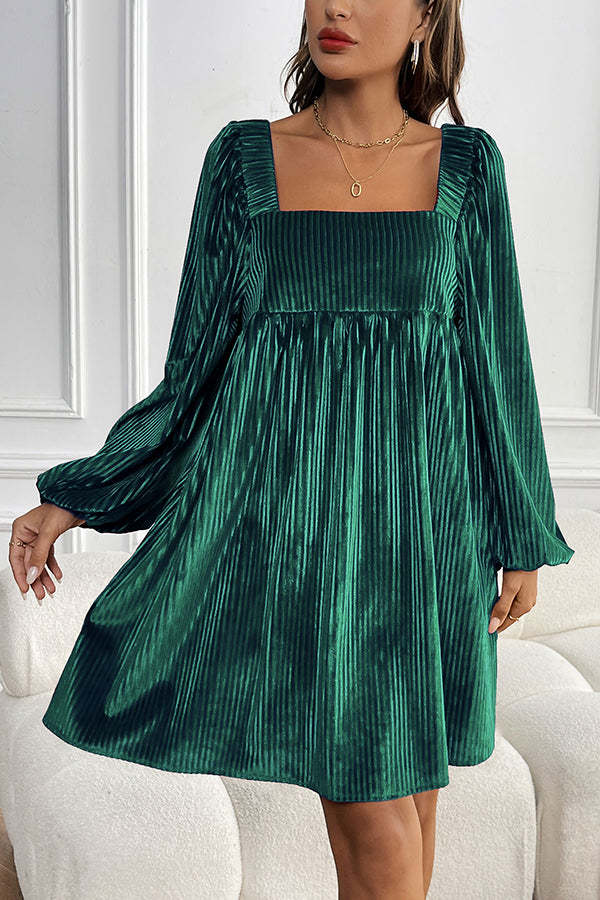 Solid Color Velvet Square Neck Long Sleeve Pocket Casual Mini Dress-consonak