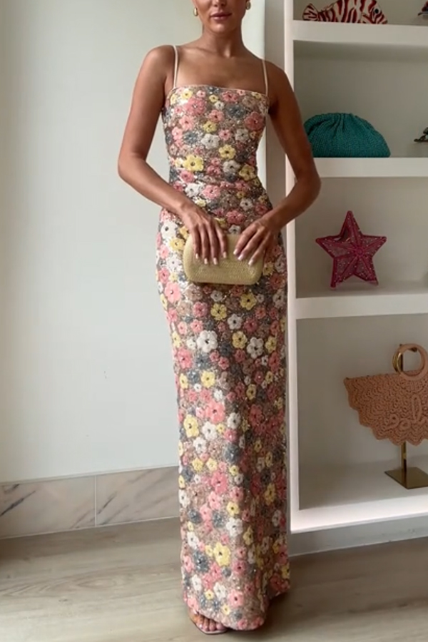 80's Inspired Floral Print Sequin Square Neck Slip Stretch Maxi Dress | Consonak