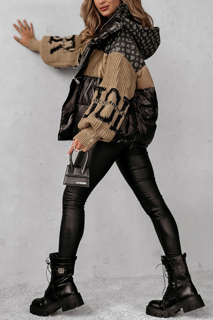 Stylish Denim Knit Long-sleeved Patchwork Hooded Pocket Thickened Jacket-consonak