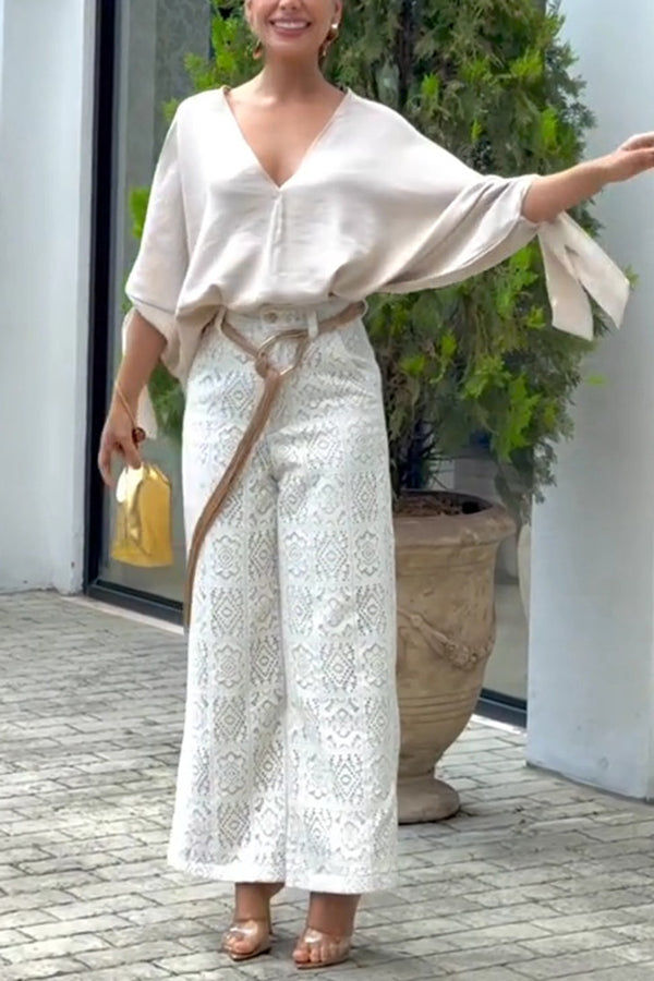 Joyful Bond Linen Blend V-neck Knotted Cuff Half Sleeve Loose Top-consonak