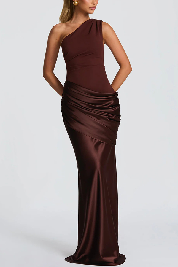 Stylish One-shoulder Sleeveless Satin Draped Slim-fit Maxi Dress-consonak
