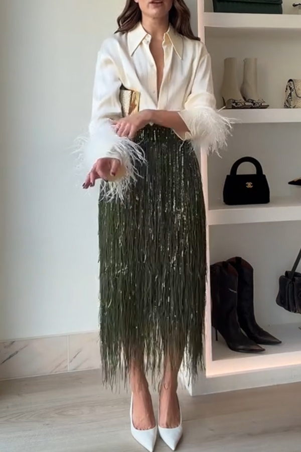 Party Crasher Feather Trim Long Sleeve Button Up Loose Blouse-consonak