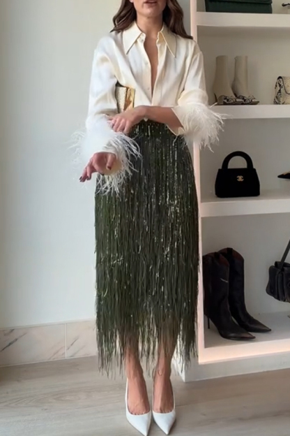 Party Crasher Feather Trim Long Sleeve Button Up Loose Blouse-consonak