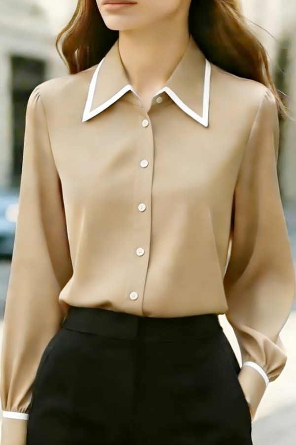 Stylish Color-blocked Collared Long-sleeved Casual Button-down Shirt
