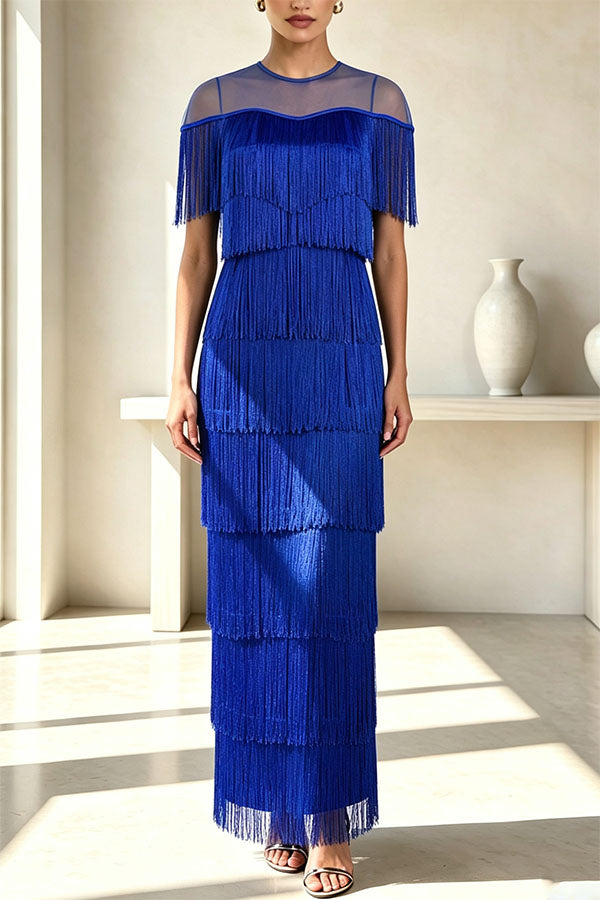 Elowyn Mesh Tiered Tassel Patchwork Round Neck Cape Sleeve Midi Dress-Consonak