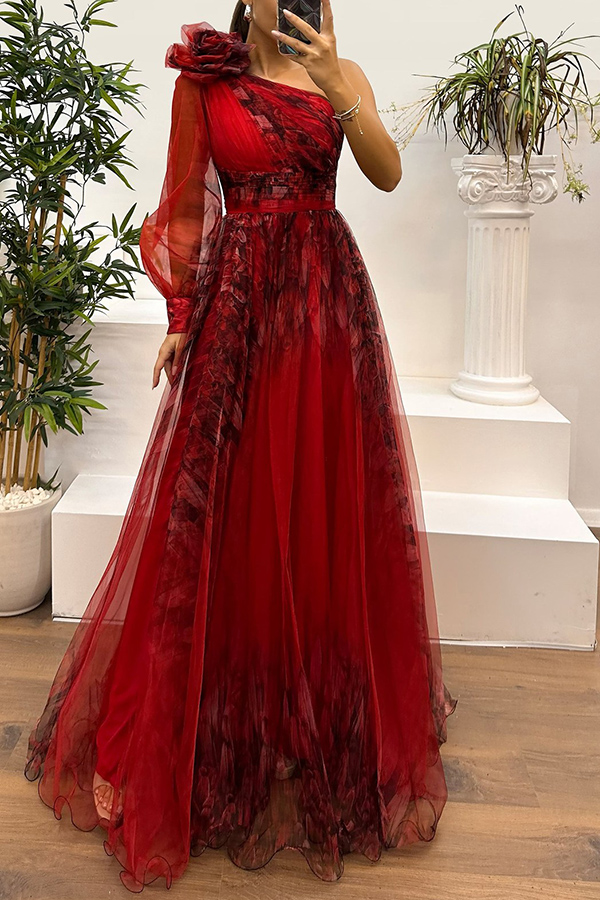 Guest List Tulle Printed Flower Pendant One Shoulder Pleated Slit Maxi Dress | Consonak