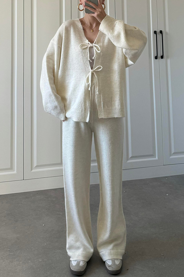 Solid Color V-neck Tie Long-sleeved Loose Knit Cardigan and Elastic Waist Casual Straight Leg Pants Set-consonak