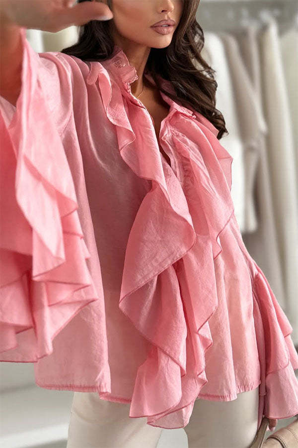 Breezy Touch Chiffon Layered Ruffles Long Bell Sleeve Button Up Loose Blouse-consonak