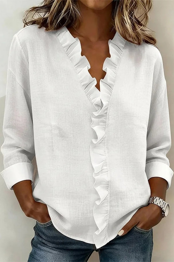 Solid Color Ruffled V-neck Long-sleeved Loose Casual Shirt | Consonak