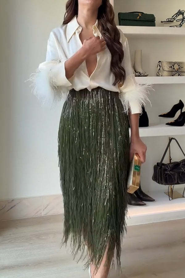 Party Crasher Layered Sequined Tassels High Rise Back Zipper Midi Skir