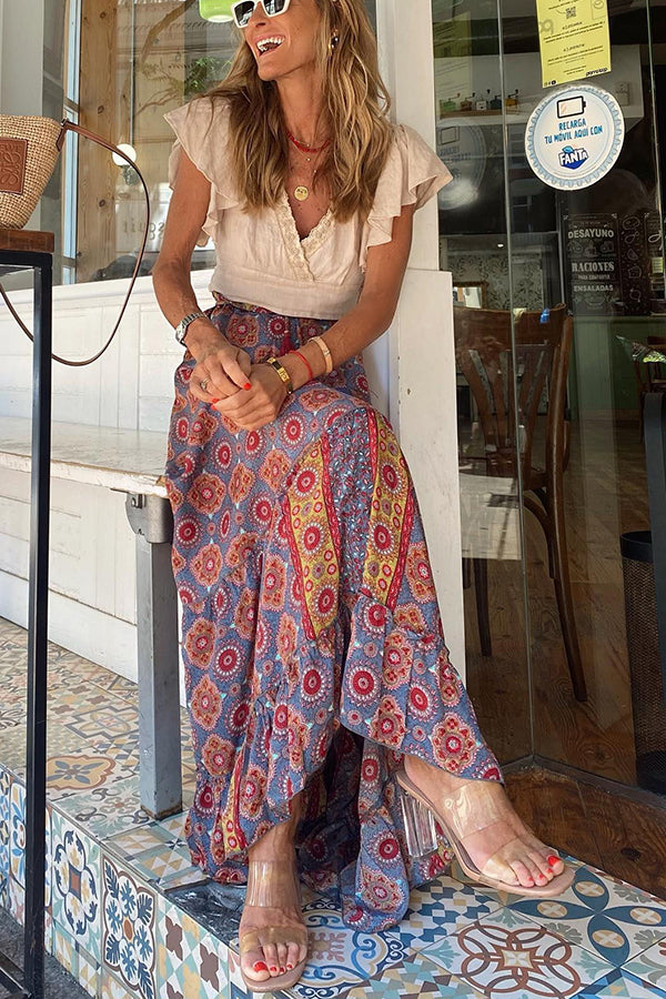 Audrina Bohemian Print Elastic Waist Tassel Maxi Skirt | Consonak